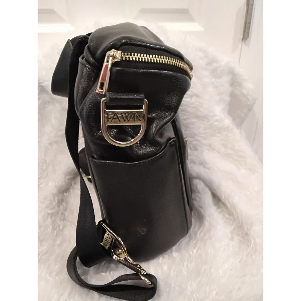 Fawn Design Diaper‎ Bag Backpack Black Faux Leather Gold Hardware Convertible